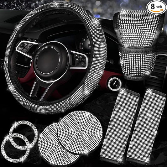 NBTEPEM 8 pcs Bling Car Accessories Set for Women, Steering Wheel Cover, Sparkly Seat Belt Covers, Bling Gear Shift Cover, Universal Fit Most Cars (Silver Diamond)