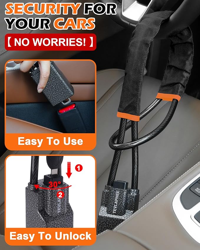 Tevlaphee Steering Wheel Lock Seat Belt Lock Universal Anti Theft Car Device Car Lock Car Theft Prevention with 3 Keys for Car Security Fit Most Vehicles Truck SUV Van(Black)