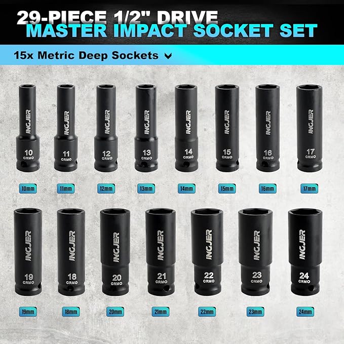 1/2" 29PCS Impact Socket Set, Mechanic Tool Set,SAE (3/8"-1") & Metric (10-24mm), Standard & Deep Sockets with Extension Bars. CR-MO Steel, High Torque, Ideal for Truck Bearing Locknut.