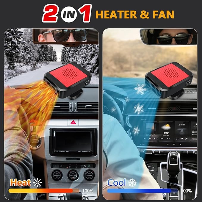 Car Heater, 200W 12V Portable Car Heater 360°Rotation 2 in 1 Heating & Cooling Fan Windshield Demisting Defroster Plug Into Cigarette Lighter for All Cars