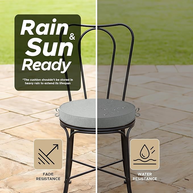 Outdoor Round Chair Cushions 15 Inch, Fade-Resistant & Water-Resistant, Bistro Chair Seat Pads for Porch Garden Balcony Patio Furniture Stools, Non-Slip Bottom, Set of 2, Light Grey