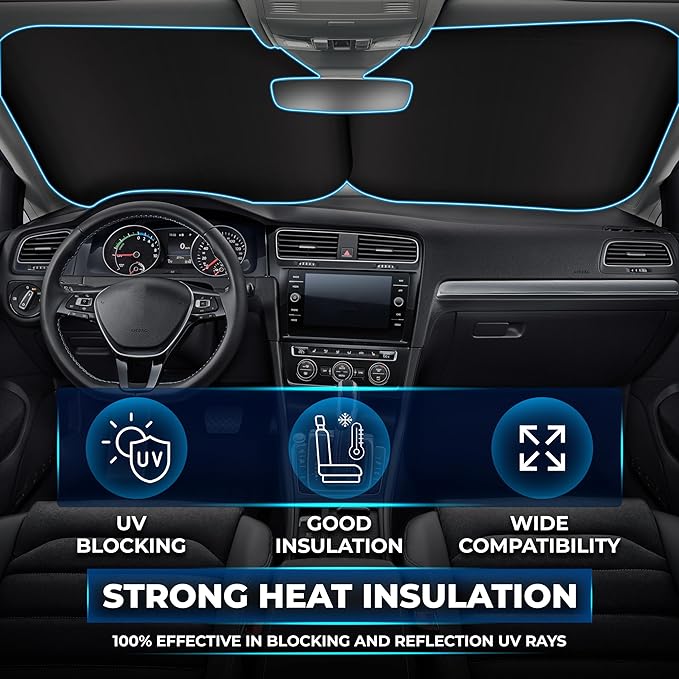 EcoNour 2-Piece Foldable Car Front Window Sun Shade, 240T Polyester, UV Protection & Heat Blocker, Windshield Shade, Durable Design, Upgraded Universal Fit – (29" L x 23.5" W)