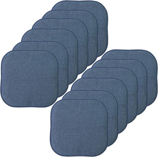 Sweet Home Collection Chair Cushion Memory Foam Pads Honeycomb Pattern Slip Non Skid Rubber Back Rounded Square 16" x 16" Seat Cover, 12 Pack, Alexis Denim