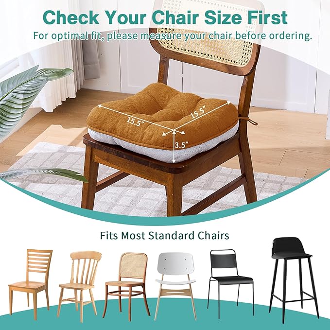 BETU Chair Cushions for Dining Chairs Set of 6,3.5" Thick Kitchen Table Chair Pads with Ties,Non Slip Backing and Covers, Seat Cushion for Dining Room,Bar,Patio Chairs,15.5"X15.5"X3.5",Caramel