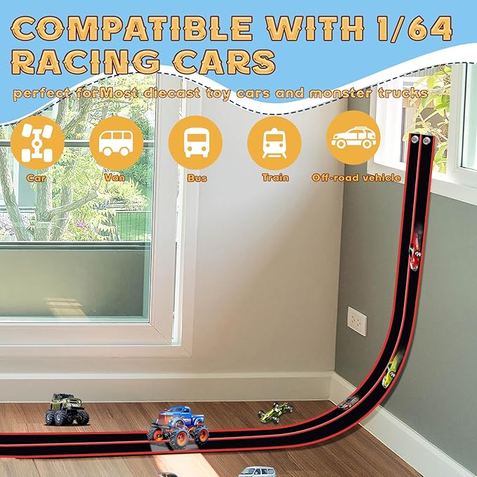 Flex Tracks 15 Ft for Kids Starter Set, Flexible Race Car Ramp Track with Suction Cups Compatible with Diecast 1/64th Cars for Ages 3 & Up (Black & Red)