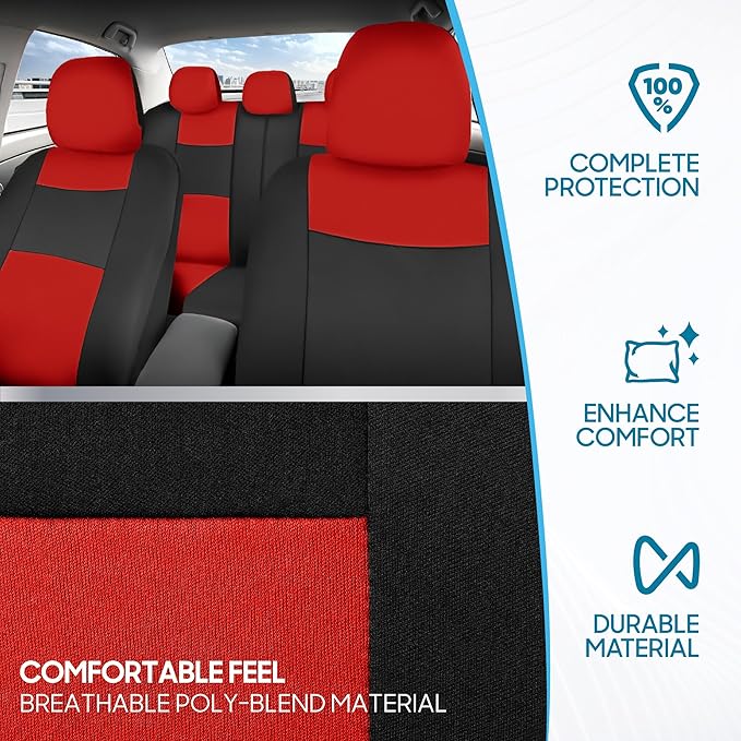 BDK PolyPro Car Seat Covers Full Set in Red on Black – Front and Rear Split Bench Seat Covers, Easy to Install, Accessories for Auto Trucks Van SUV
