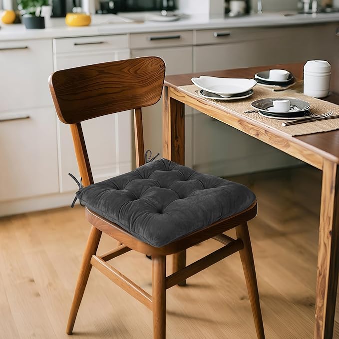 ELFJOY Set of 4 Square Chair Pads Indoor Seat Cushions Pillows with Ties Thick Soft Seat Cushion for Kitchen Dining Office Chair (18", Grey)