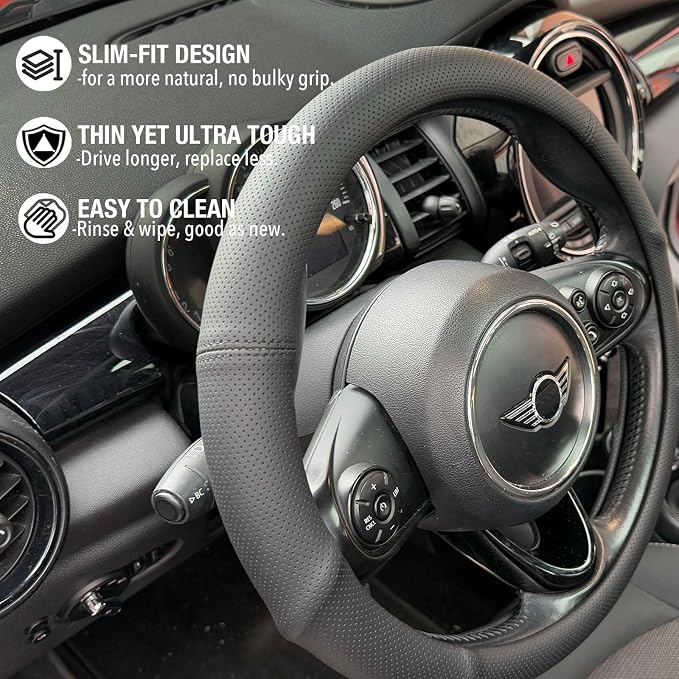 PINCTROT Large Size Nappa Leather Steering Wheel Cover with Ergonomic Palm Support Grip, Full Perforated Breathable, Slim Fit No Bulk Design,15.5-15.75 Inch(Black)