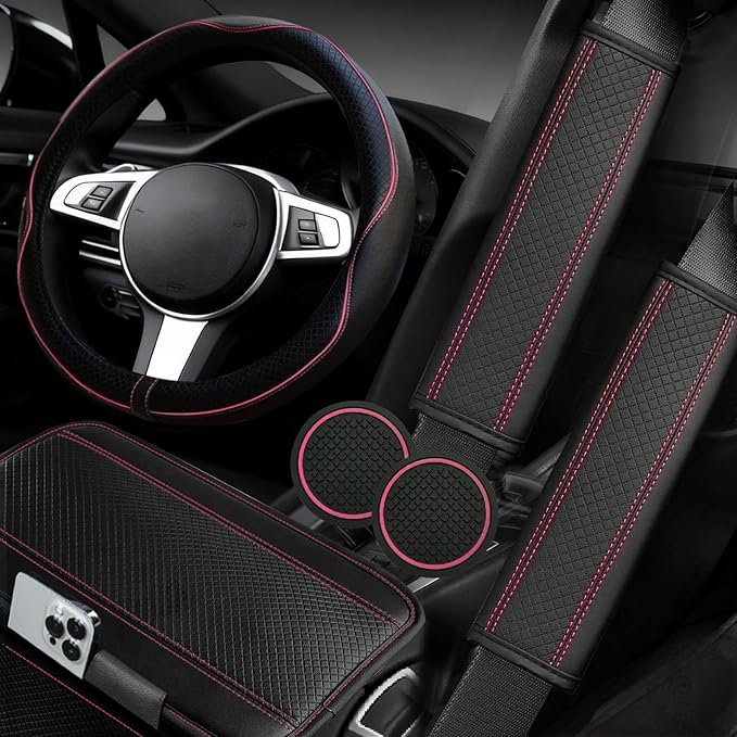 NBTEPEM 6 PCS Car Steering Wheel Cover Set, Microfiber Leather Steering Wheel Covers Universal 14.5-15 inch, Center Console Cover, Seat Belt Cushion, Cup Holder Coaster, Car Accessories Set Pink