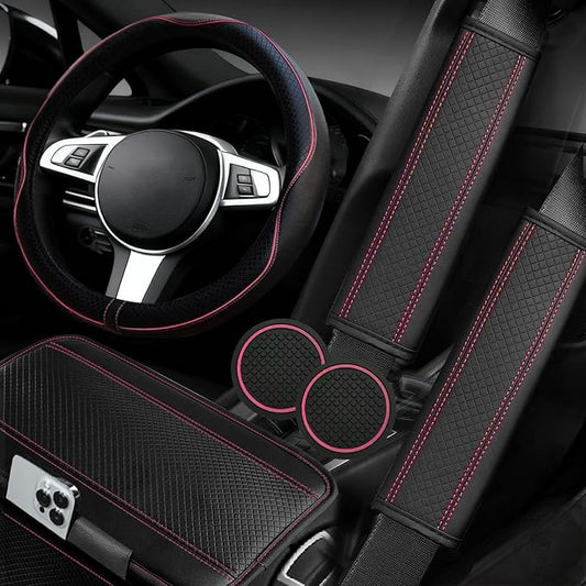 NBTEPEM 6 PCS Car Steering Wheel Cover Set, Microfiber Leather Steering Wheel Covers Universal 14.5-15 inch, Center Console Cover, Seat Belt Cushion, Cup Holder Coaster, Car Accessories Set Pink