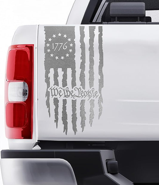 GRITKULTURE We The People Distressed American Flag Decal Vinyl for Trucks, Cars, Tailgate, Windows Preamble of The US Constitution fits Most Pickup Trucks-Rear USA Flag Car Sticker (Reflective Silver)
