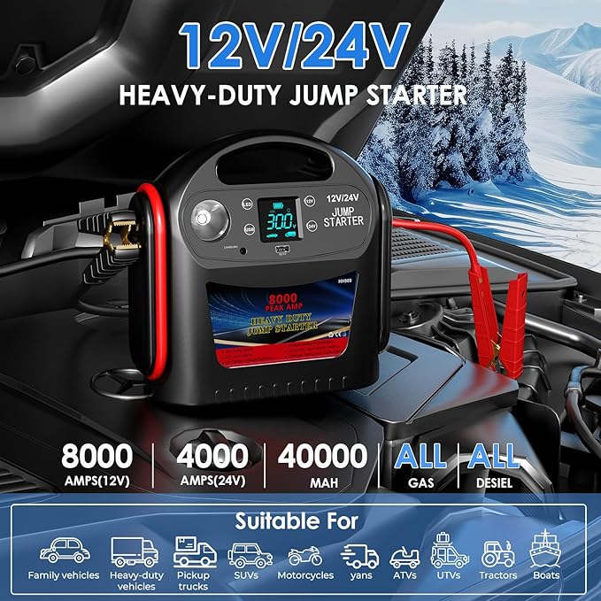 8000A 12V/24V Jump Starter for Large Gas & Diesel Engines, Heavy-Duty Portable Battery Booster Pack for Trucks, RVs & Commercial Vehicles with Force Start, Digital Display, LED Light & USB Charging