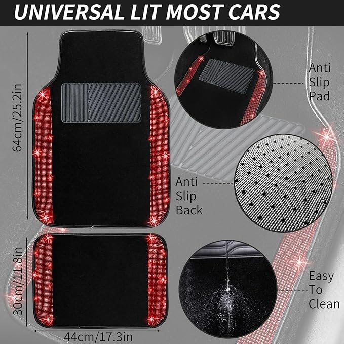 NBTEPEM 12 Pcs Bling Car Accessories Set for Women Car Floor Mats Full Set Steering Wheel Cover Seat Belt Covers Coasters Universal Fit Car SUV Truck Van Red