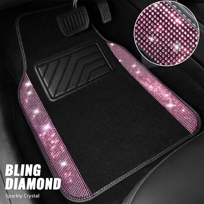 CAR PASS Bling Diamond Leather Steering Wheel Cover 14.5in-15in Floor Mats Shining Rhinestone Carpet Sparkly Glitter Crystal Anti-Slip Pad Fit Automotive SUV Pickup Truck Girl Women, 5pcs Black Pink