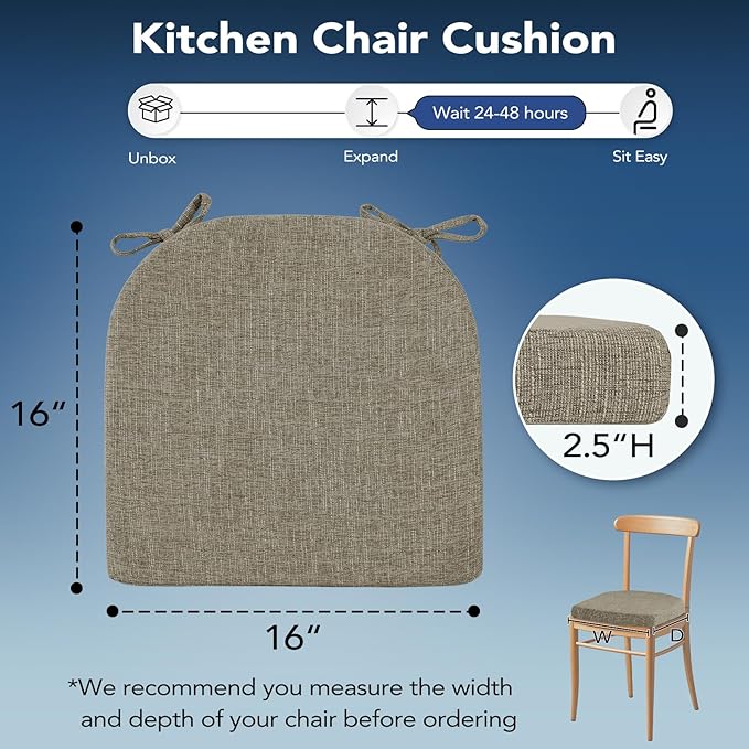 Chair Cushions for Dining Chairs, Non Slip Chair Pads with Ties and Washable Covers, Memory Foam Kitchen Chair Cushions Set of 6, 16"X16"X2.5", Khaki