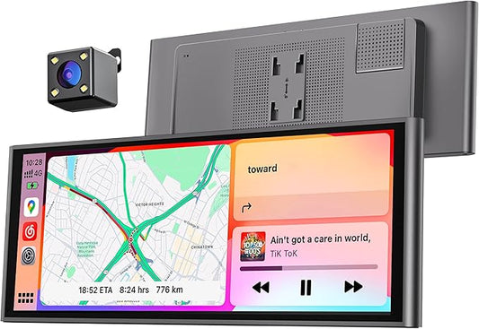 9.26" Wireless Portable Car Play Screen for CarPlay & Android Auto, OTA Updates, Backup Camera, Mirror Link, 5.0 Bluetooth, Voice Control, GPS Navigation, FM (Gray)