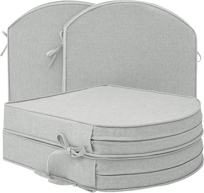 Outdoor Chair Cushions, Fade-Resistant & Water-Resistant, D Shaped Patio Furniture Seat Chair Pads Replacement with Ties, Non-Slip Bottom, Removable Cover, Set of 4, 17 x 16 Inch, Light Grey