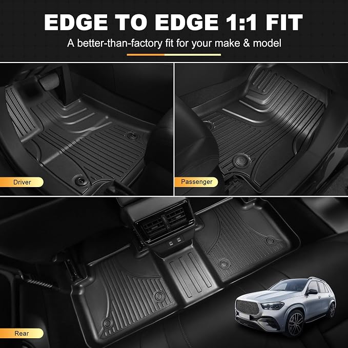 Floor Mats & Cargo Liner for 2020-2026 Mercedes Benz GLE 350/450(Not Coupe) | All Weather TPE Anti-Slip Car Mats Custom Fit for GLE 1st & 2nd Row Set & Trunk Mat