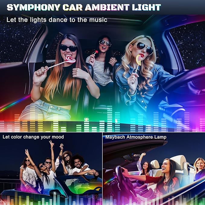 Dreamcolor Acrylic Interior Car LED Strip Light with USB/Type C/4-Port Cigarette Lighter, RGB 2 in 1 with 59.04 inches LEDs Ambient Lighting Kits, Sound Active Function Neon Led Strips for Car
