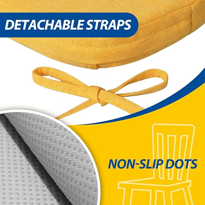 AAAAAcessories D-Shaped Chair Cushions, 2" Thick Dining Chair Pads with Ties and Removable, Machine-Washable Cover, 17" x 16", Set of 2, Golden Yellow