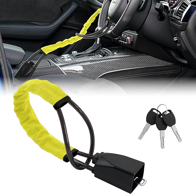 Car Steering Wheel Lock, 1 Pack Anti Theft Car Device with Max 17” Locking Length, Thickened Steel Wire, and Fine Stitched Edges, 3 Keys Included, Easy to Store, Fits Most Vehicles, SUVs（Yellow）