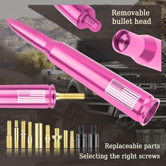 Car Bullet Antenna,Truck Exterior Decoration Accessories Car Vehicle Replacement Antenna Conpatible with Ford F150 RAM 1500 GMC Heavy Duty Pickup Trucks Accessories(New Upgrade Pink-U.S. Flag)…