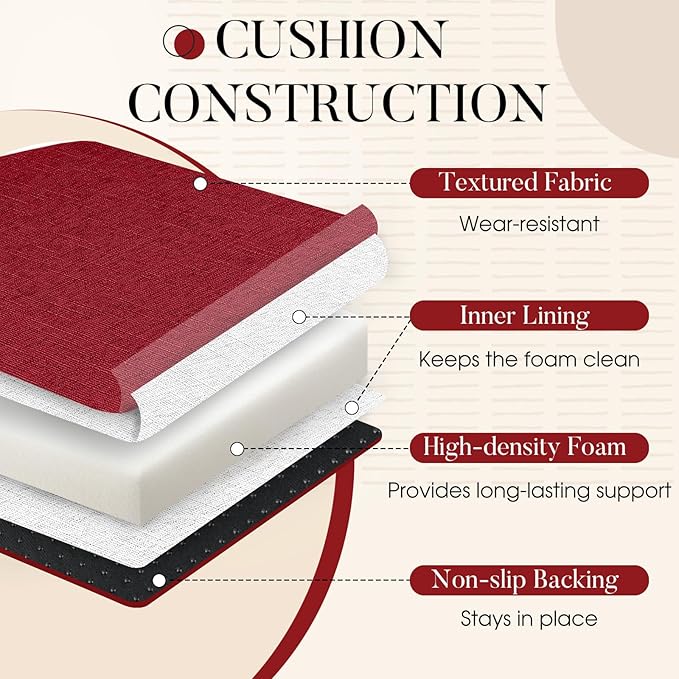 Basic Beyond Chair Cushions for Dining Chairs with Ties and Removable Cover, 2" Thick Seat Cushions for Kitchen Chairs, Set of 4, 17" x 16", Red