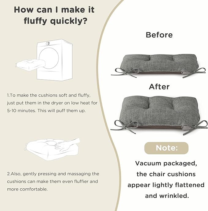 AddGrace Chair Cushions for Dining Chairs Set of 1 Kitchen Seat Cushions with Ties and Non Slip Backing Tufted Indoor Seat Pad for Kitchen Dining Room 18" x 17" x 3" Light Grey