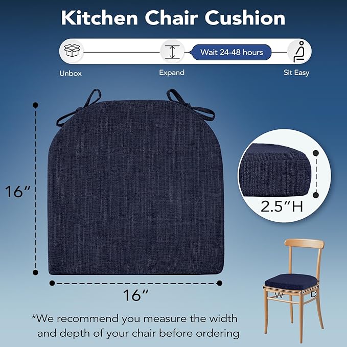 Chair Cushions for Dining Chairs, Non Slip Chair Pads with Ties and Washable Covers, Memory Foam Kitchen Chair Cushions Set of 6, 16"X16"X2.5", Navy