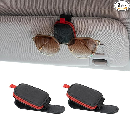 Yuoyar Sunglass Holder for Car, Magnetic Leather Sunglasses Holder and Ticket Card Clip, Car Visor Accessories, 2 Packs (Black-red)