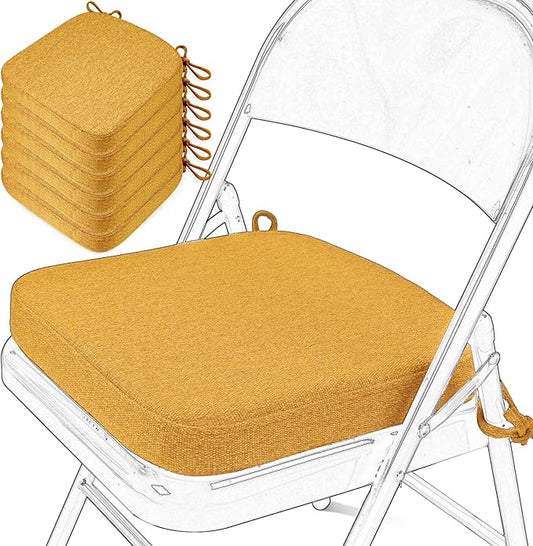 SINOSSO Memory Foam Chair Cushions for Folding Chairs 6 Pack, Thickened 2" Square Pads with Ties for Kitchen Chairs, Indoor Non-Slip Dining Chair Seat Cushions (Set of 6, Yellow)
