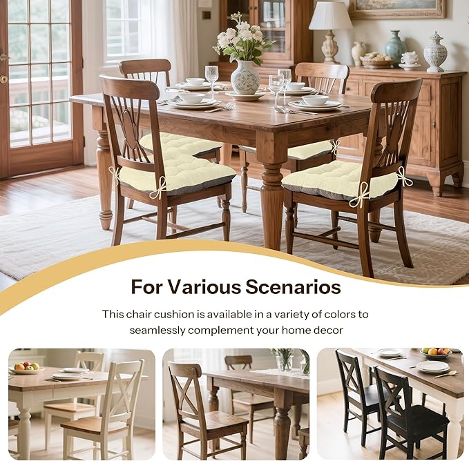 Non Slip Chair Cushions for Dining Chairs Set of 4 Kitchen Chair Cushions 18"x18"x3" Turfted Chair Pads Comfortable and Soft Seat Cushion with Ties, Beige