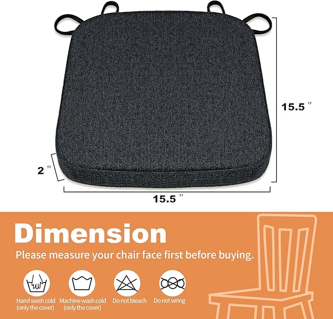 SINOSSO Memory Foam Chair Cushions for Folding Chairs 6 Pack, Thickened 2" Square Pads with Ties for Kitchen Chairs, Indoor Non-Slip Dining Chair Seat Cushions (Set of 6, Black)