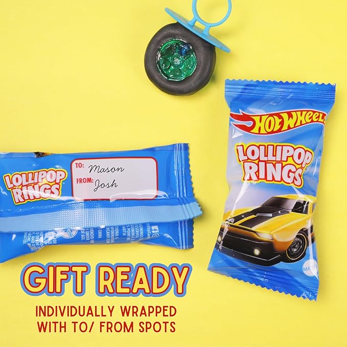 Limited Edition Hot Wheels Individually Wrapped Lollipop Rings, Party Favor Candy, Car Decorated Suckers, Assorted Fruit Flavors, 18 Pieces