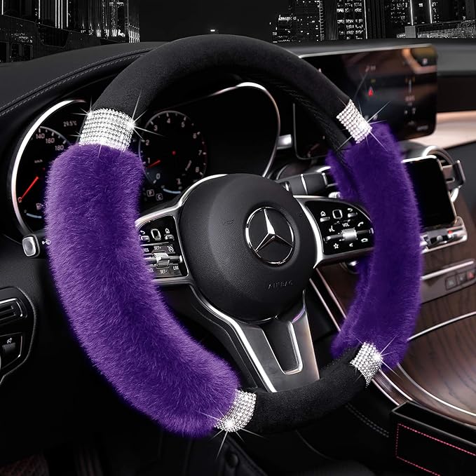 Achiou Rhinestone Fluffy Steering Wheel Cover - Comfortable Non-Slip Luxury Faux Wool, Universal Fit for 14.5" to 15" Steering Wheels
