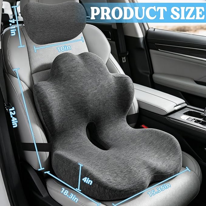 3-in-1 Memory Foam Seat Cushion & Headrest Pillow with Lumbar Support L-Shaped Ergonomic Driver Seat Cushions Design for Sciatica and Tailbone Pain Relief Comfort for Car,Truck,Chair