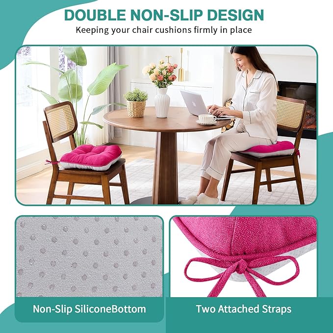 BETU Chair Cushions for Dining Chairs Set of 6,3.5" Thick Kitchen Table Chair Pads with Ties,Non Slip Backing and Covers, Seat Cushion for Dining Room,Bar,Patio Chairs,15.5"X15.5"X3.5",Hot Pink