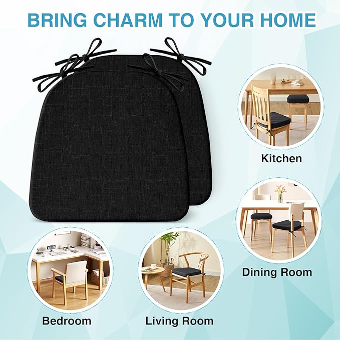 IASEAHK Chair Cushions for Dining Chairs Set of 2, Non Slip Kitchen Chair Pads, 17" x 16" x 2", Indoor Dining Chair Cushions with Ties, D-Shaped Seat Cushions for Kitchen Chairs, Black