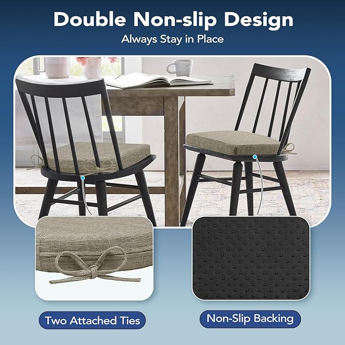 Chair Cushions for Dining Chairs, Non Slip Chair Pads with Ties and Washable Covers, Memory Foam Kitchen Chair Cushions Set of 6, 16"X16"X2.5", Khaki