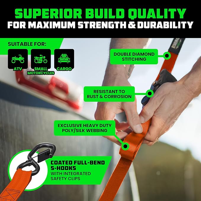 Rhino USA Retractable Ratchet Straps (4-Pack) - 1 Inch x 10 Feet (1,209lb Break Strength) - Auto Self Retracting Tie Down Straps for Truck, Cargo Trailer, Motorcycle, ATV, UTV - Orange