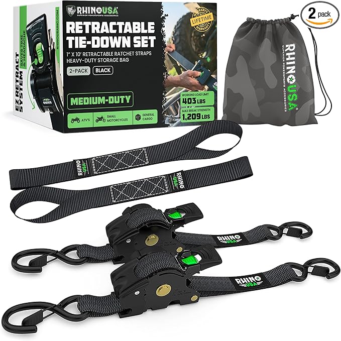 Rhino USA Retractable Ratchet Straps (2-Pack) - 1 Inch x 10 Feet (1,209lb Break Strength) - Auto Self Retracting Tie Down Straps for Truck, Cargo Trailer, Motorcycle, ATV, UTV - Black