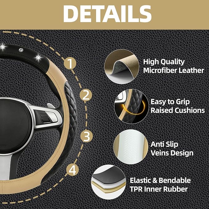NBTEPEM 6 PCS Bling Car Accessories Set, Leather Steering Wheel Covers Universal 14.5-15 inch, Center Console Cover, Seat Belt Cushion, Cup Holder Coaster (Beige)