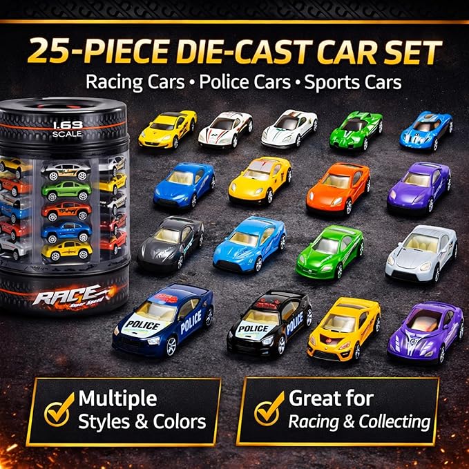 25 Piece Diecast Cars Pack Toy Playset in Storage Carrying Tub - 1:64 Scale Metal Alloy Die-cast Vehicles Collection for Kids
