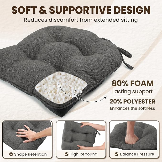 downluxe Indoor Chair Cushions for Dining Chairs, Tufted Overstuffed Textured Kitchen Chair Pads with Ties and Non-Slip Backing, 16.5" x 16.5" x 4", Dark Grey, 4 Pack