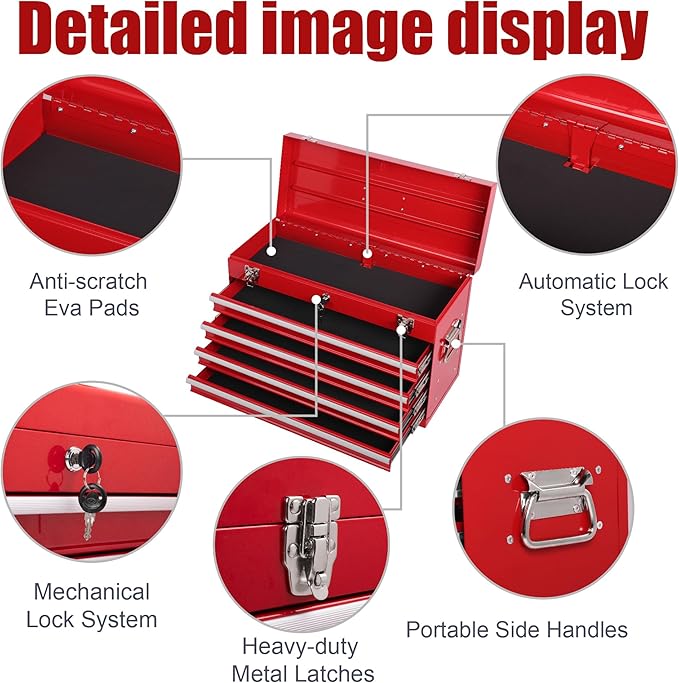 21" Portable 4 Drawer Steel Toolbox, 5 Layers of Tools with Metal Latches, with Top Storage Tray and Carrying Handle, Multi-Function Tool Chest for Garage, Home,or Workbench（red）