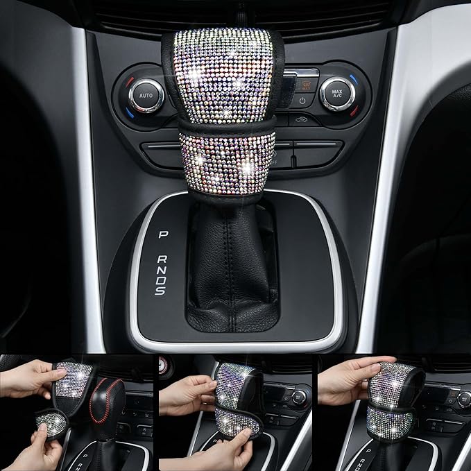 CAR PASS Bling Diamond Leather Seat Covers Sets 12pcs Shining Car Accessories Set for Women, Sparkly Rhinestone Steering Wheel Cover, Glitter Cute Crystal for Women Girl, Bedazzed Multicolor Diamond