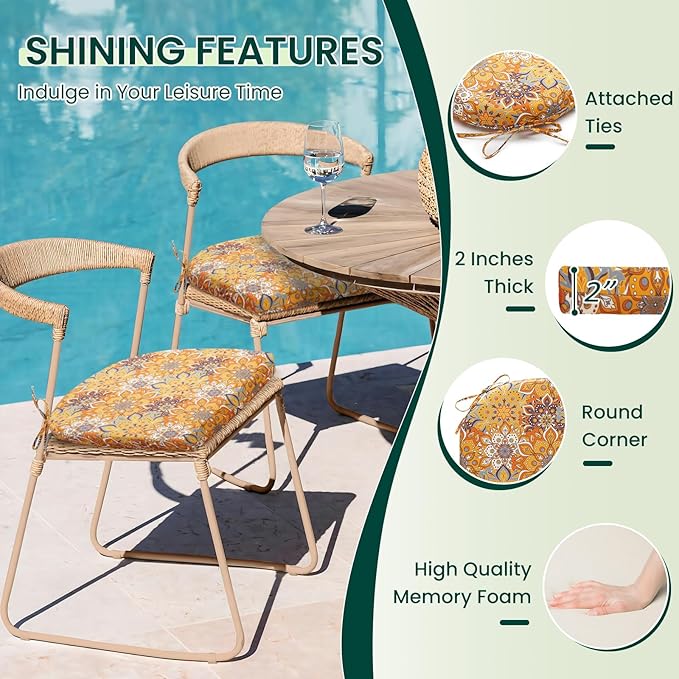 HARBOREST Outdoor Chair Cushions Set of 4, Water Resistant Patio Chair Cushions with Ties, Outdoor Seat Cushions for Patio Furniture, 17"x16"x2", Blooming
