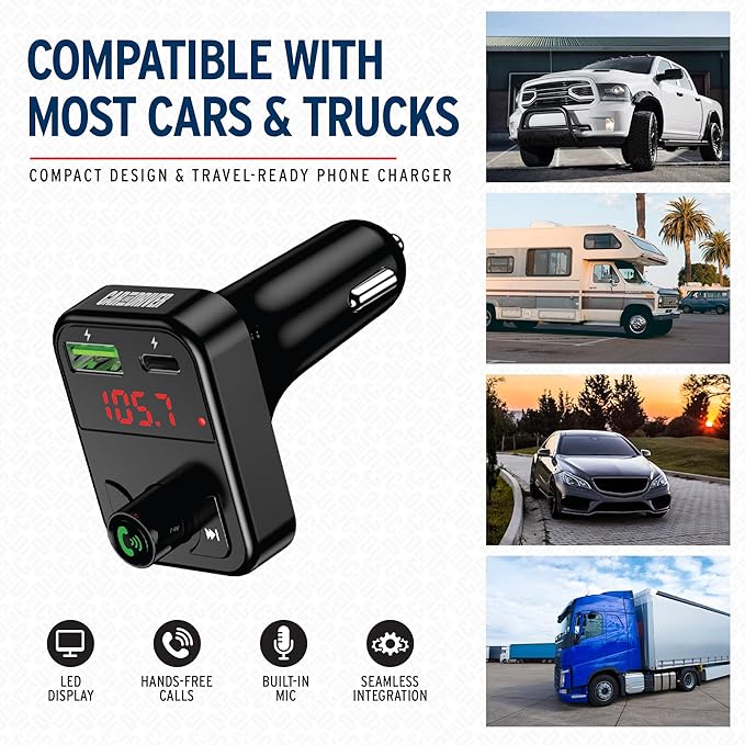 Car and Driver Bluetooth 5.3 FM Transmitter Charger, Dual USB Car Adapter with Fast 4.8 A Charging, Wireless Bluetooth Transmitter, Hands-Free Calling, Built-in Mic, LED Display, Micro-SD Card Slot