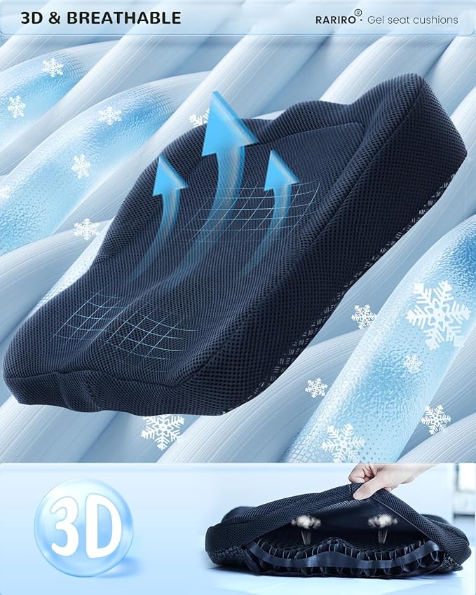 Gel Seat Cushion for Long Sitting(Enlarged & Thickened), Cooling Pressure Relief Seat Cushion for Wheelchair, Driving, Kayak, Office Desk Chair Seat Pad Gel for Heavy People[Black-19.7" Large]