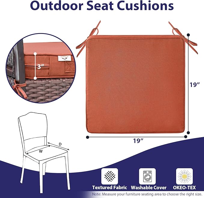 IPYNBAP Outdoor Chair Cushions Set of 4 -Waterproof Outdoor Seat Cushions for Patio Furniture, Patio Chair Cushion with Handle and Ties, Out Door Chair Pads,19x19x3-Square, Spice